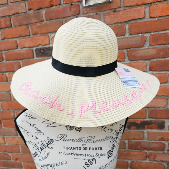 NEW Serra “Beach Please” Embroidered Wide Brim Sun Hat – Tan & Pink - Picture 1 of 15